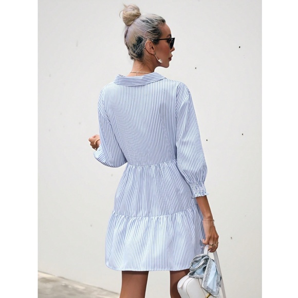 Striped White Blue Mini Dress Ruffle Detail V-Neck 3/4 Sleeve - Picture 3 of 8